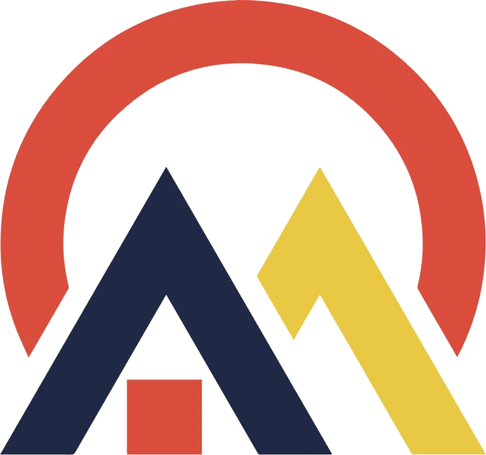 Abstract logo with a red arc over a blue and yellow geometric design resembling mountains or triangles.