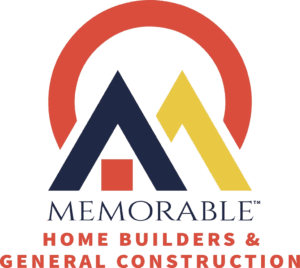 Logo of Memorable Home Builders & General Construction with stylized house and arch design in blue, red, and yellow.
